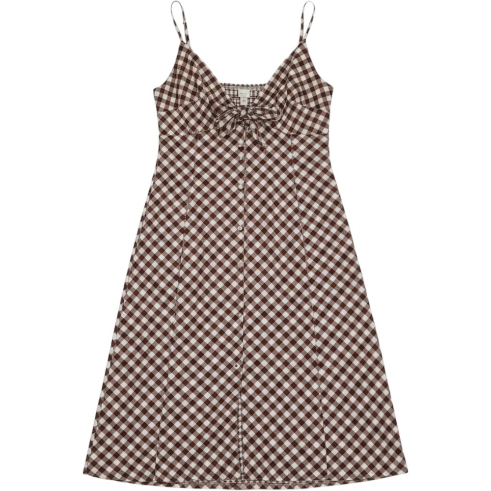 A New Day Brown Gingham Check Button Front Midi Dress XXL Smocked Back Tie Front